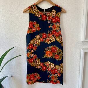 Olivaceous Silk Floral Dress Sz. S Sleeveless Zipper Black Orange Green Yellow